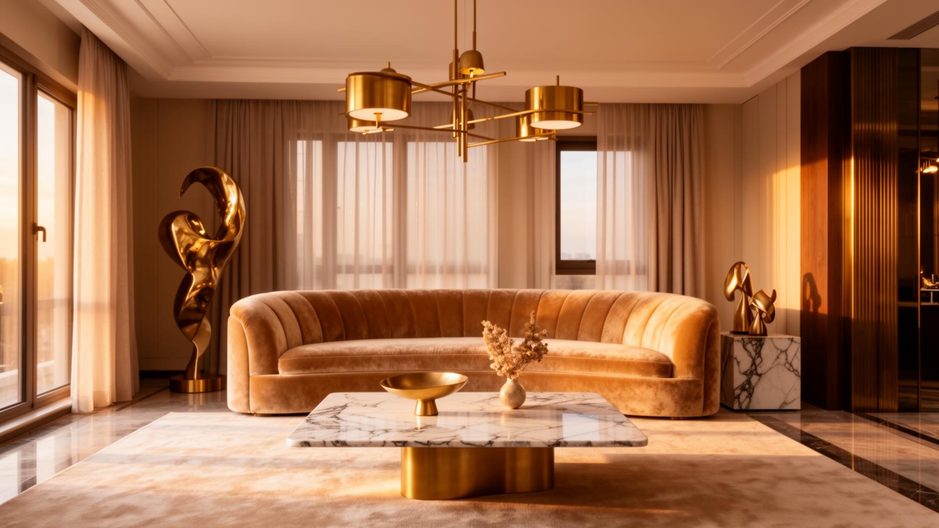 A modern luxury living room with a velvet sofa, marble coffee table, and warm editorial lighting